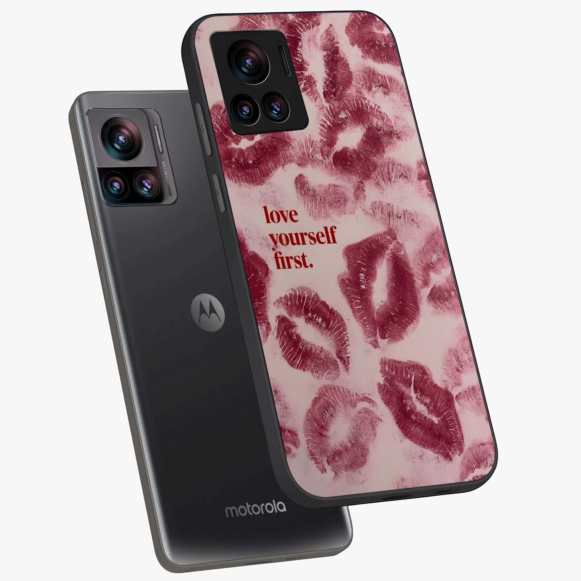 Crimson Kiss Love Glass Case displayed in angled mockup highlighting bold love inspired design with modern aesthetic style.