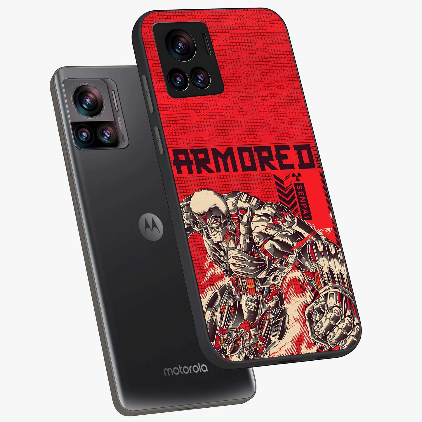 Crimson Mecha Titan Glass Case displayed in angled mockup highlighting futuristic mech illustration with bold crimson aesthetic.