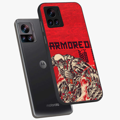 Crimson Mecha Titan Glass Case displayed in angled mockup highlighting futuristic mech illustration with bold crimson aesthetic.