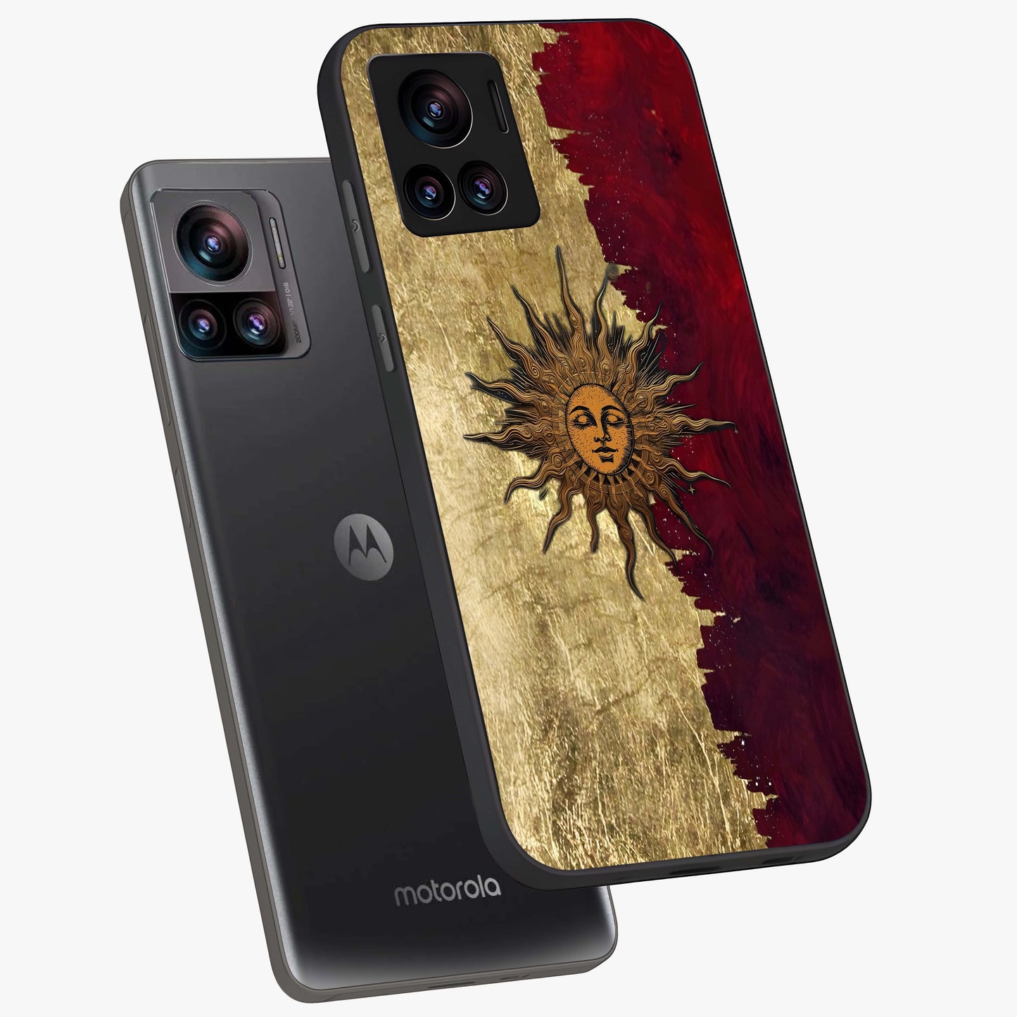 Crimson Sun Majesty Glass Case displayed in angled mockup highlighting majestic crimson sun design with bold aesthetic style.