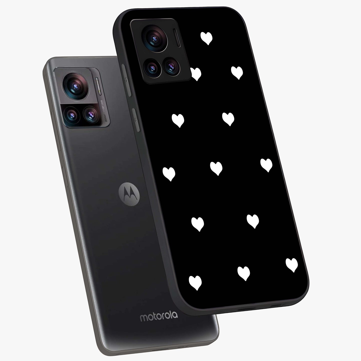 Cute And Simple White Hearts Glass Case displayed in angled mockup highlighting cute heart design with clean aesthetic style.