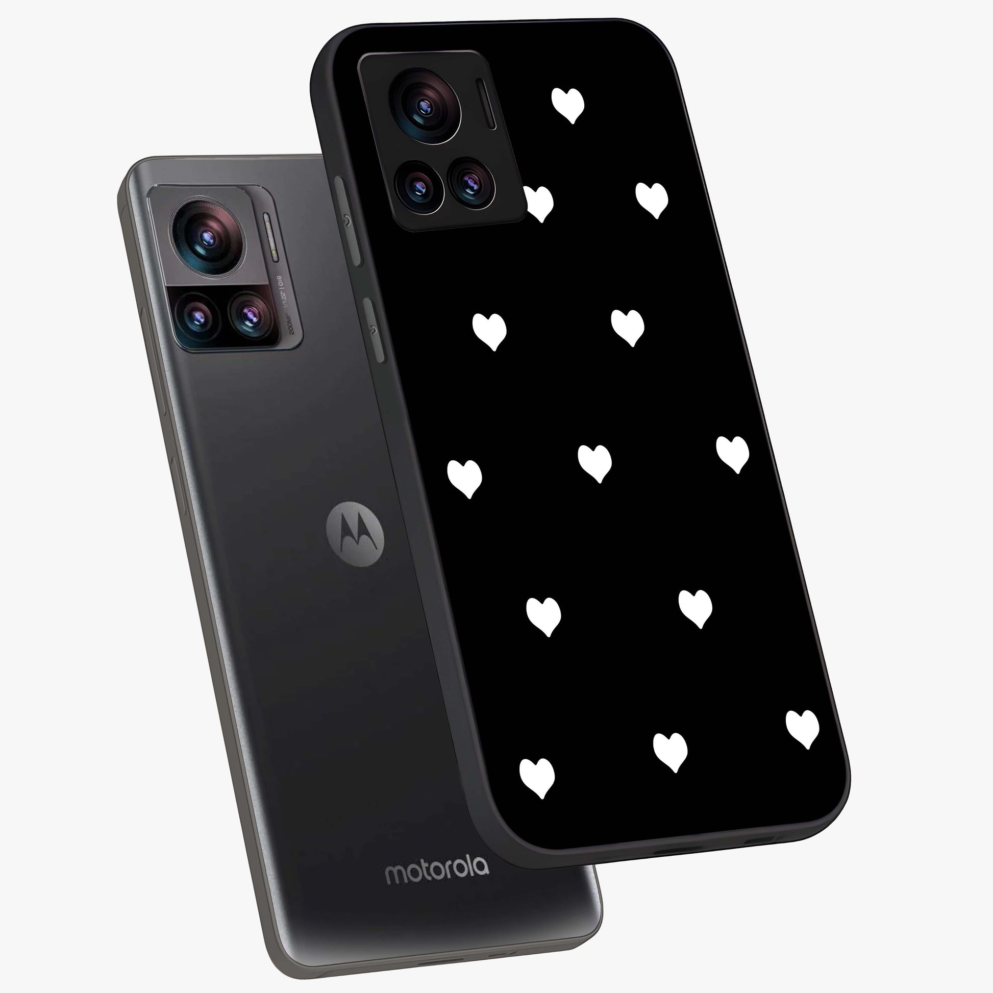 Cute And Simple White Hearts Glass Case displayed in angled mockup highlighting cute heart design with clean aesthetic style.