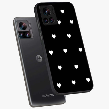 Cute And Simple White Hearts Glass Case displayed in angled mockup highlighting cute heart design with clean aesthetic style.