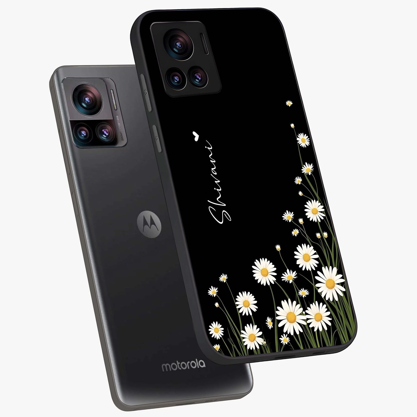 Daisy Cascade Custom Name Glass Case displayed in angled mockup highlighting delicate daisy artwork with custom name feature.