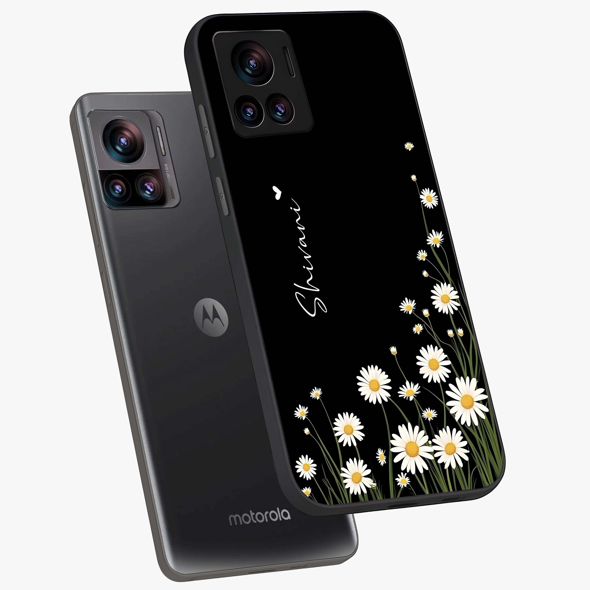Daisy Cascade Custom Name Glass Case displayed in angled mockup highlighting delicate daisy artwork with custom name feature.