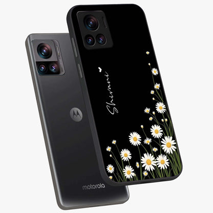 Daisy Cascade Custom Name Glass Case displayed in angled mockup highlighting delicate daisy artwork with custom name feature.