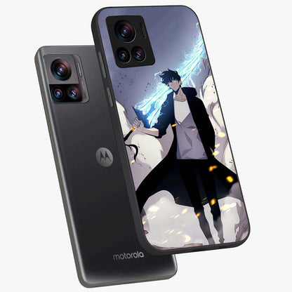 Dark Lightning Anime Warrior Glass Case displayed in angled mockup highlighting powerful lightning themed anime illustration.