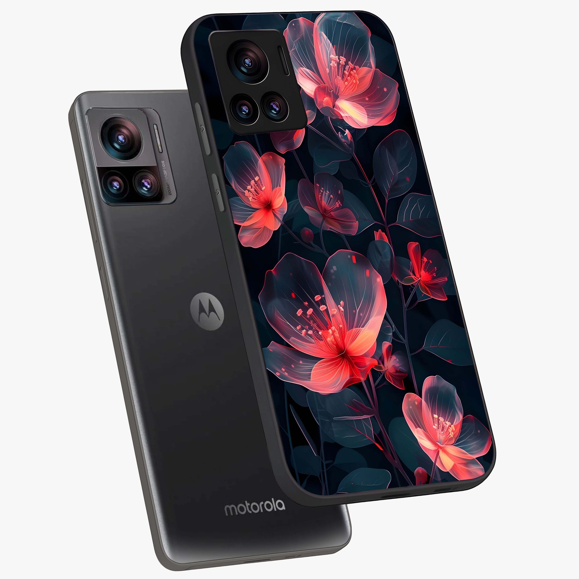 Dark Shade of Flower Glass Case displayed in angled mockup highlighting moody floral illustration with aesthetic dark tones.