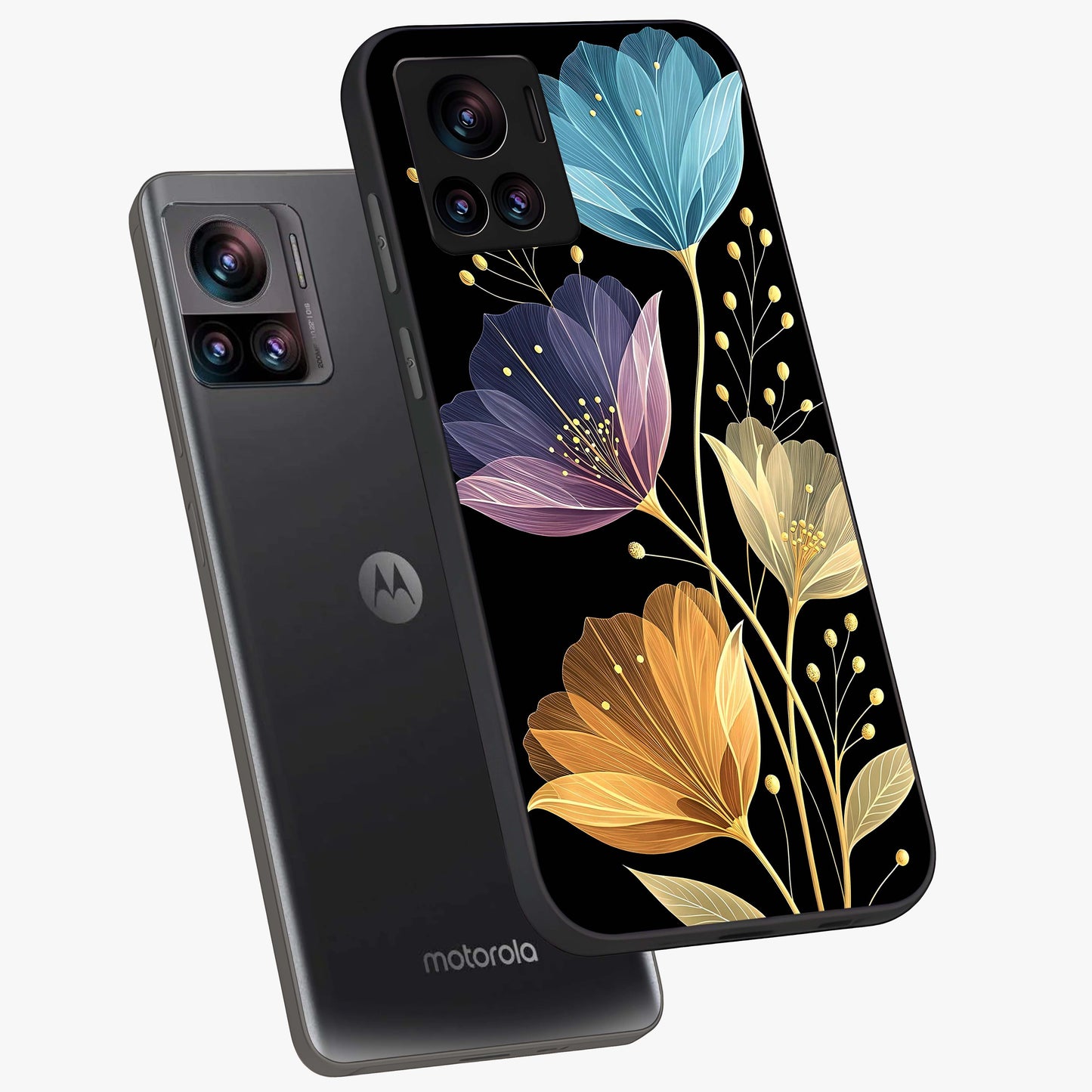 Delicate Multicolor Flowers Glass Case displayed in angled mockup highlighting colorful flower pattern with soft aesthetic style.