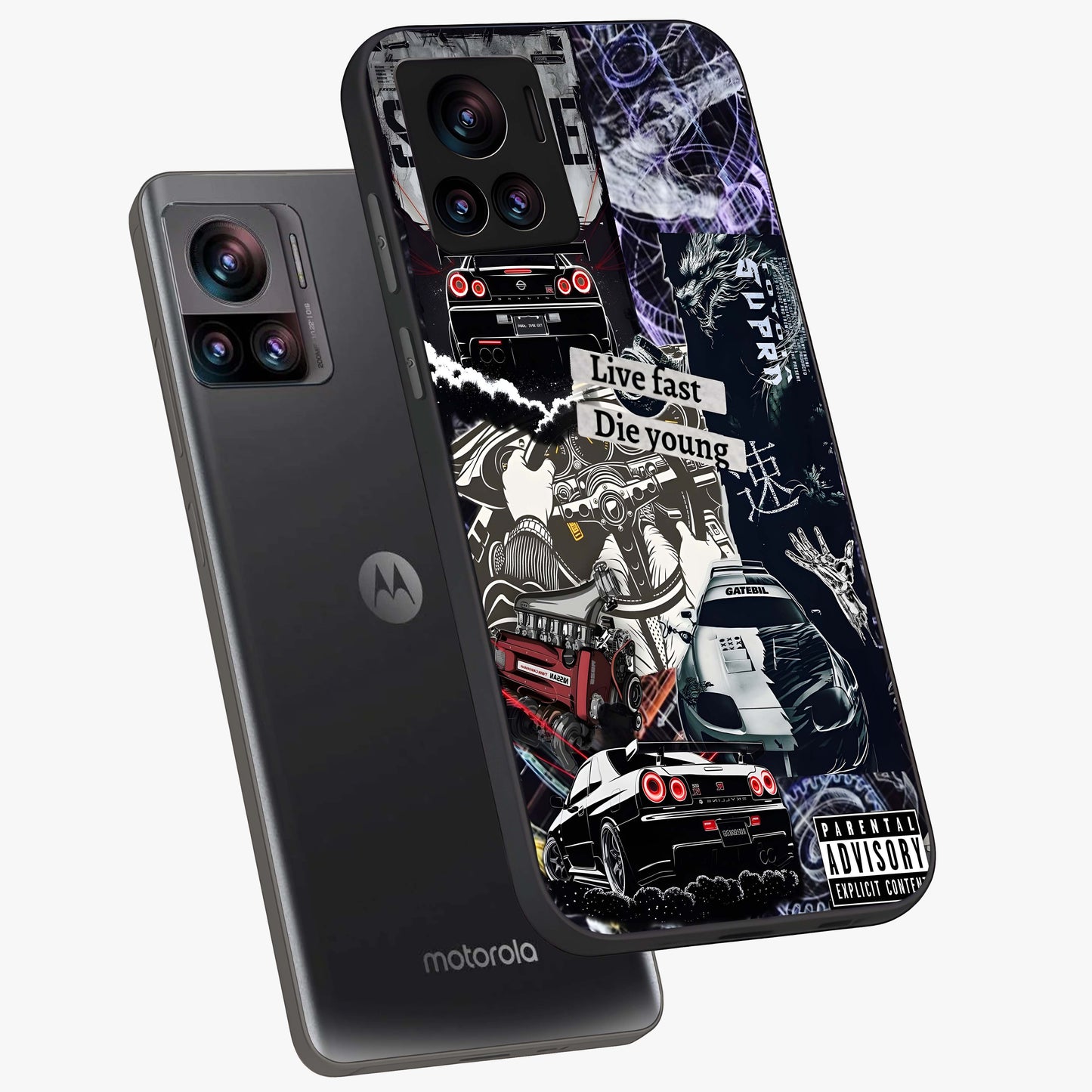 Die Young Glass Case displayed in angled mockup highlighting expressive graphic artwork with edgy aesthetic style.