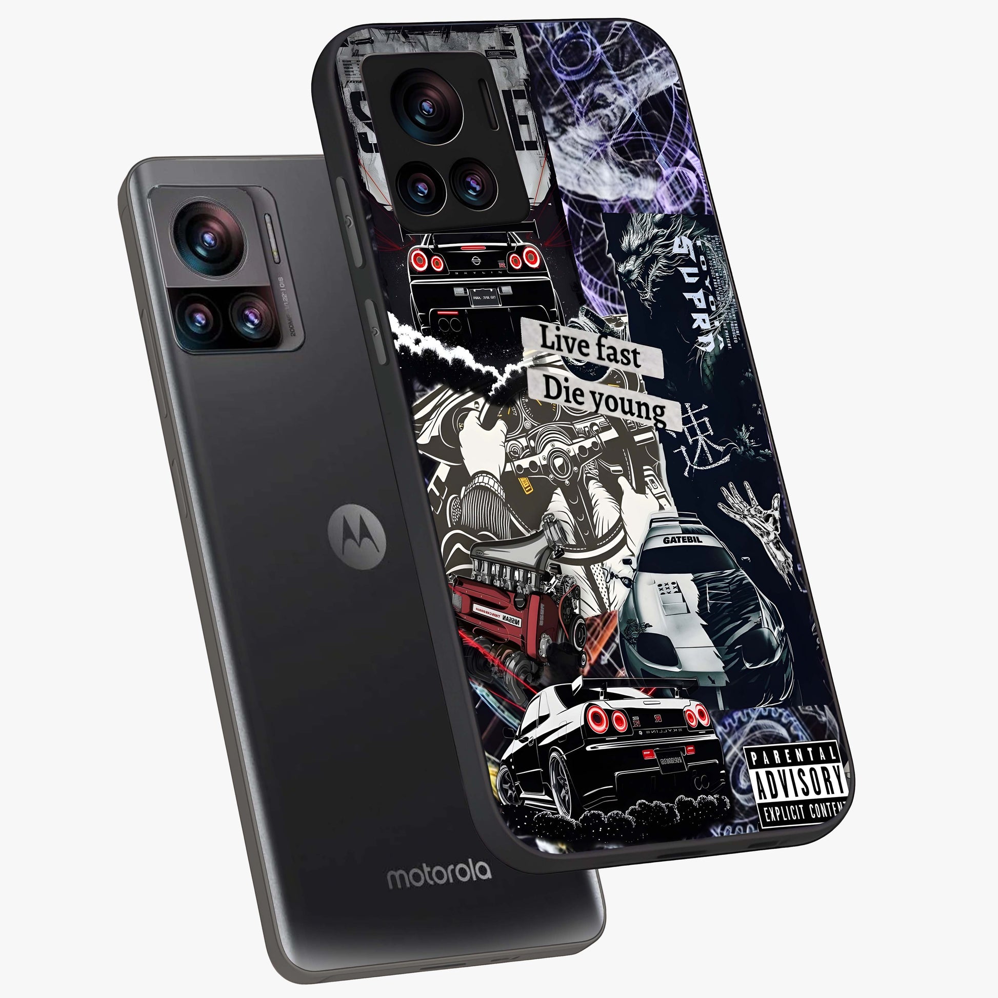 Die Young Glass Case displayed in angled mockup highlighting expressive graphic artwork with edgy aesthetic style.