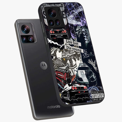 Die Young Glass Case displayed in angled mockup highlighting expressive graphic artwork with edgy aesthetic style.