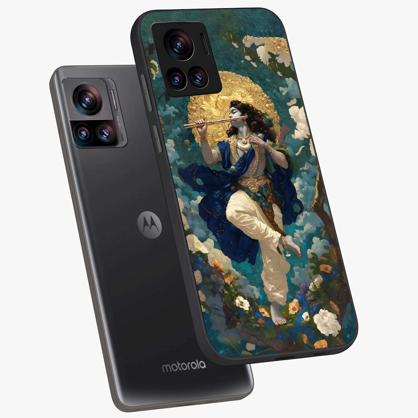 Divine Krishna Art Glass Case displayed in angled mockup highlighting spiritual Krishna illustration with devotional aesthetic.