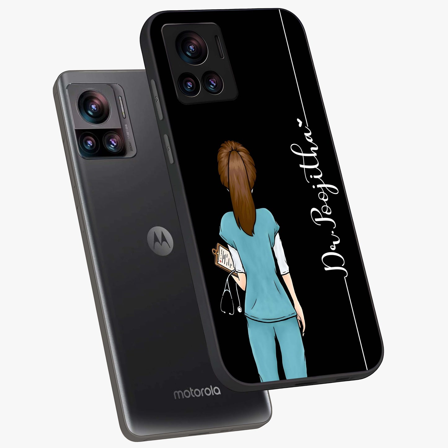 Doctor Pattern Custom Name Glass Case displayed in angled mockup highlighting doctor inspired artwork with custom name feature.