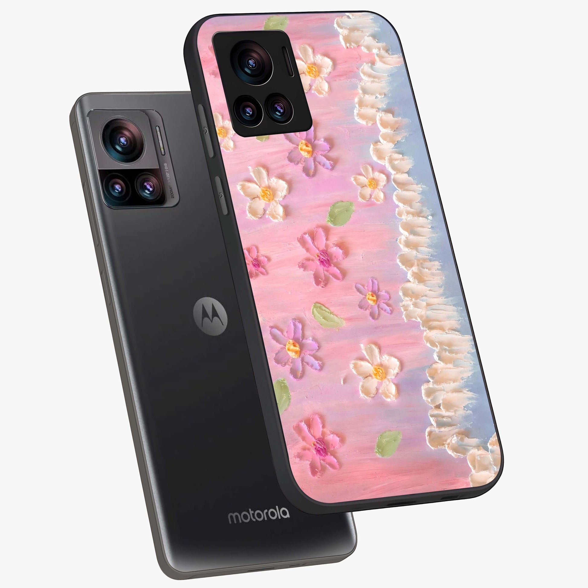 Dreamy Painted Garden Glass Case displayed in angled mockup highlighting colorful garden illustration with dreamy aesthetic style.