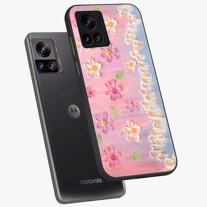 Dreamy Painted Garden Glass Case displayed in angled mockup highlighting colorful garden illustration with dreamy aesthetic style.
