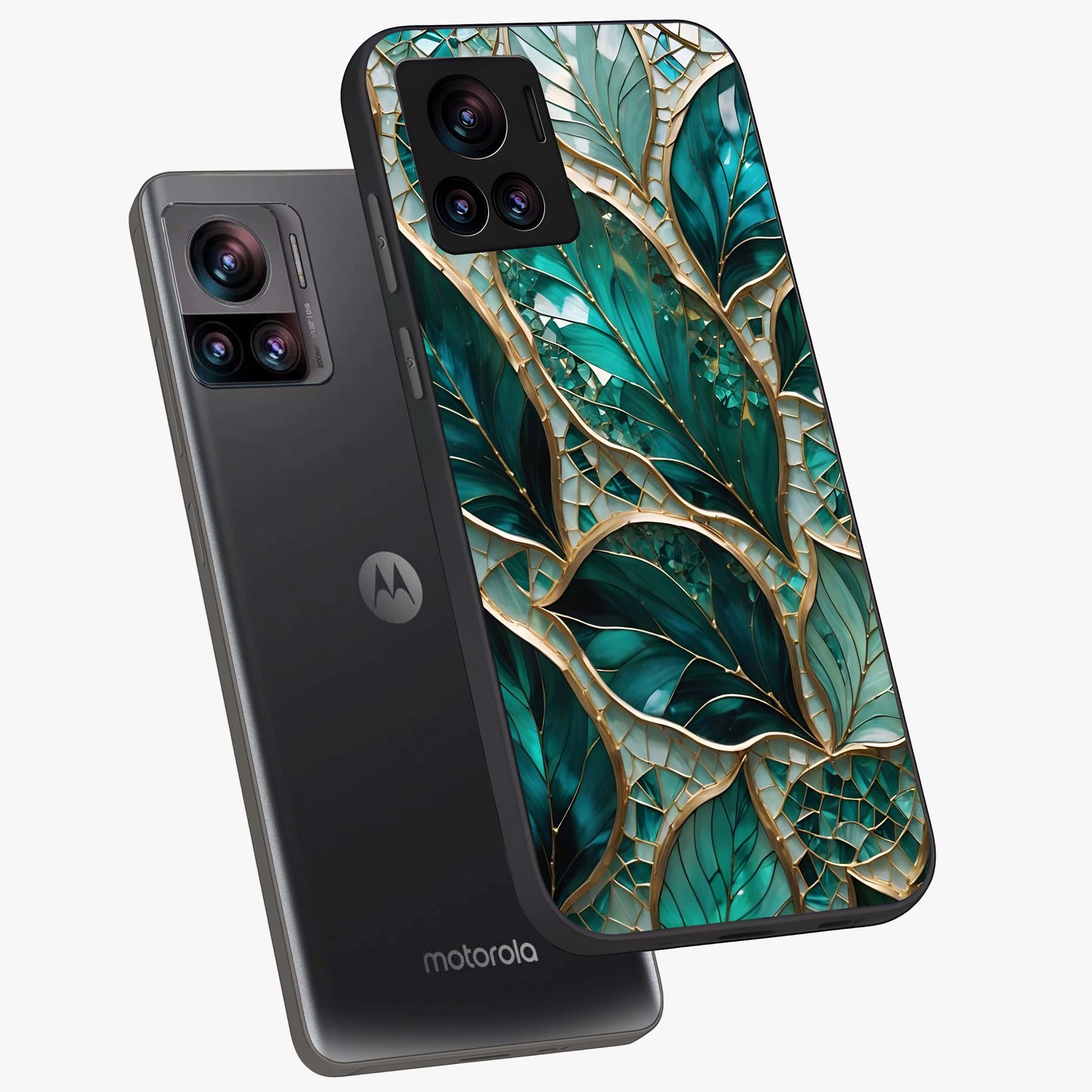 Emerald Leaf Glass Glass Case displayed in angled mockup highlighting botanical leaf illustration with elegant natural aesthetic.