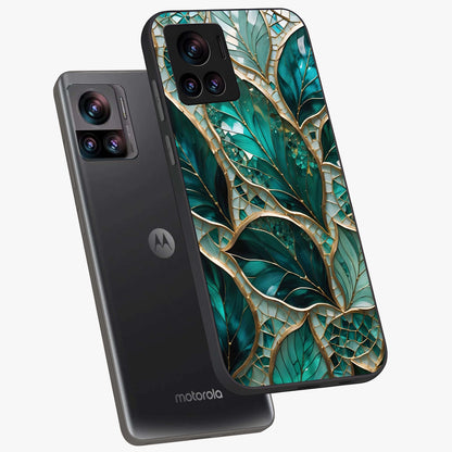 Emerald Leaf Glass Glass Case displayed in angled mockup highlighting botanical leaf illustration with elegant natural aesthetic.