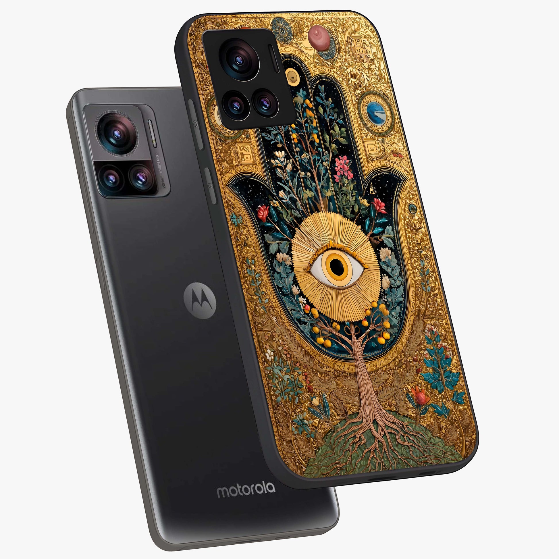 Ethereal Evil Eye Glass Case displayed in angled mockup highlighting protective evil eye symbol with spiritual aesthetic design.