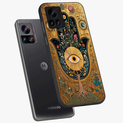 Ethereal Evil Eye Glass Case displayed in angled mockup highlighting protective evil eye symbol with spiritual aesthetic design.