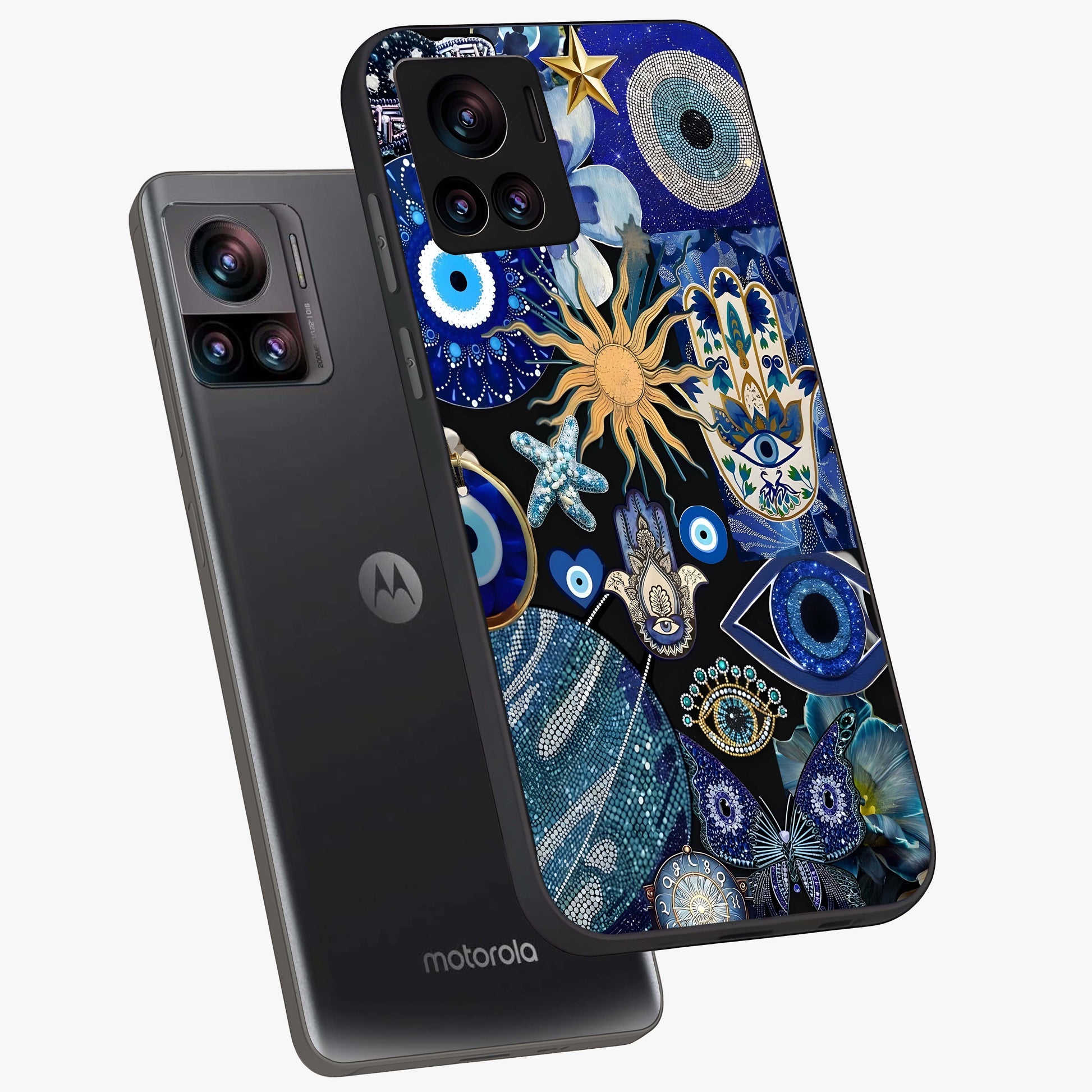 Evil Eye Charm Mix Glass Case displayed in angled mockup highlighting protective evil eye symbols with spiritual aesthetic design.