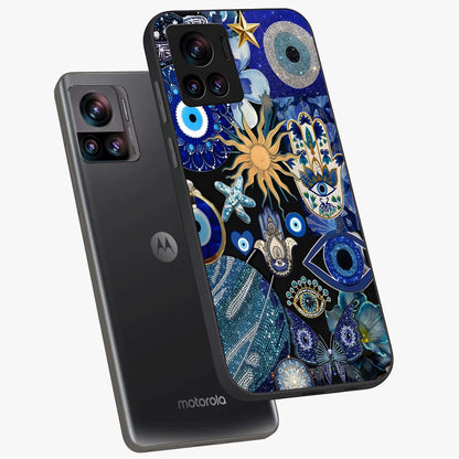 Evil Eye Charm Mix Glass Case displayed in angled mockup highlighting protective evil eye symbols with spiritual aesthetic design.