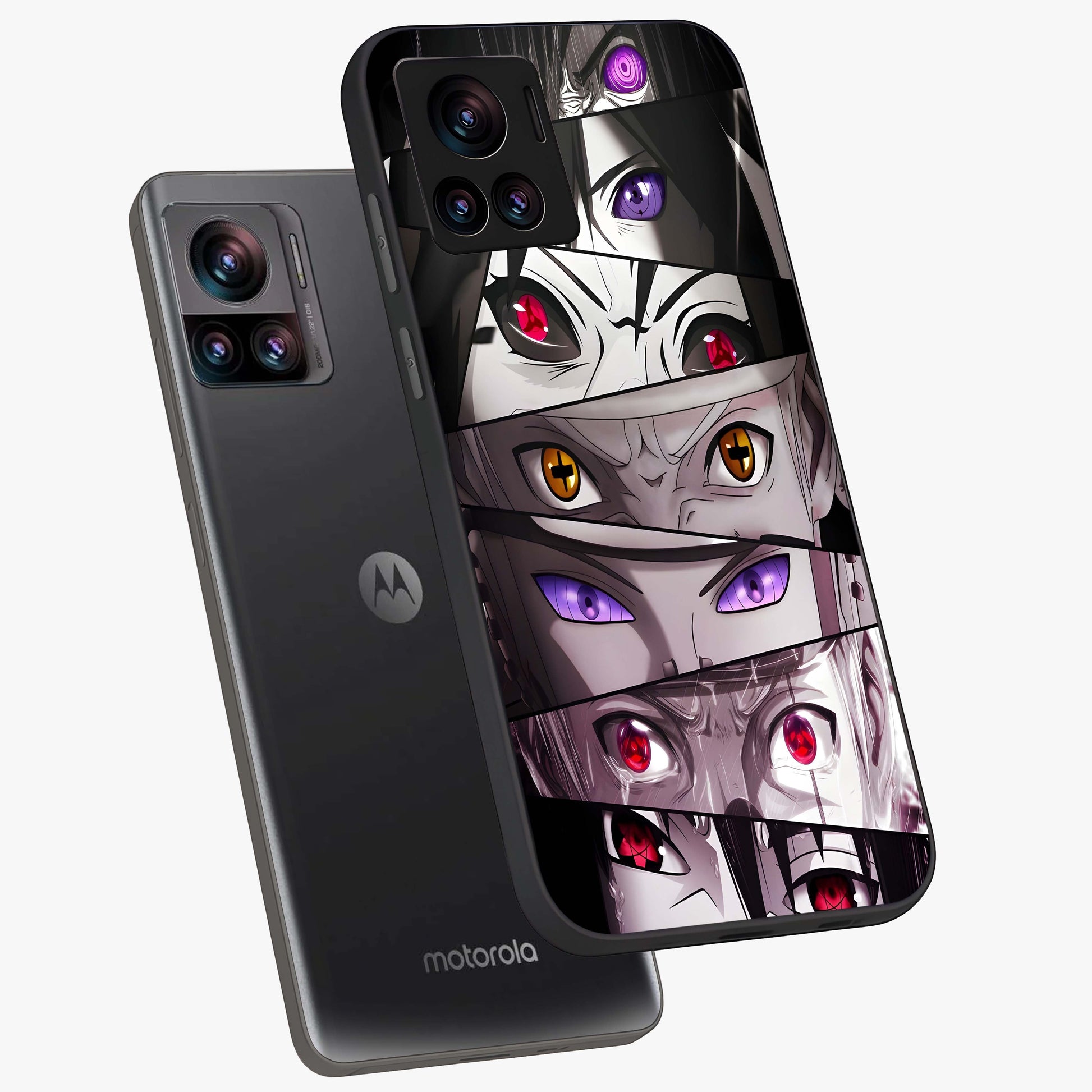 Eyes of Destiny Glass Case displayed in angled mockup highlighting bold eye illustration with mystical aesthetic style.