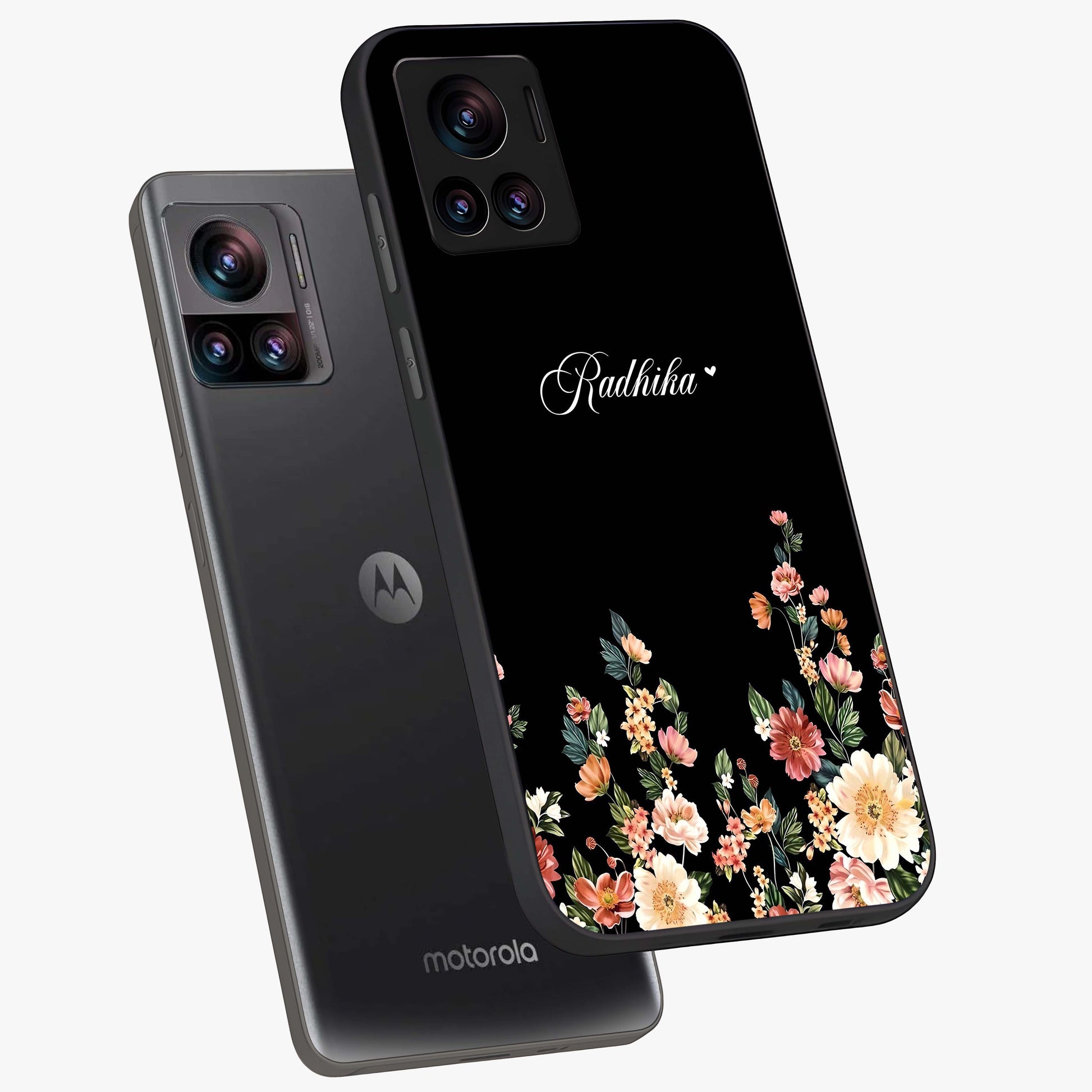 Floral Design With a Custom Personalized Name Glass Case displayed in angled mockup highlighting elegant floral pattern with custom name feature.