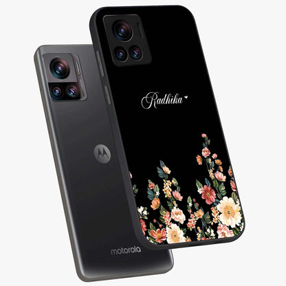 Floral Design With a Custom Personalized Name Glass Case displayed in angled mockup highlighting elegant floral pattern with custom name feature.