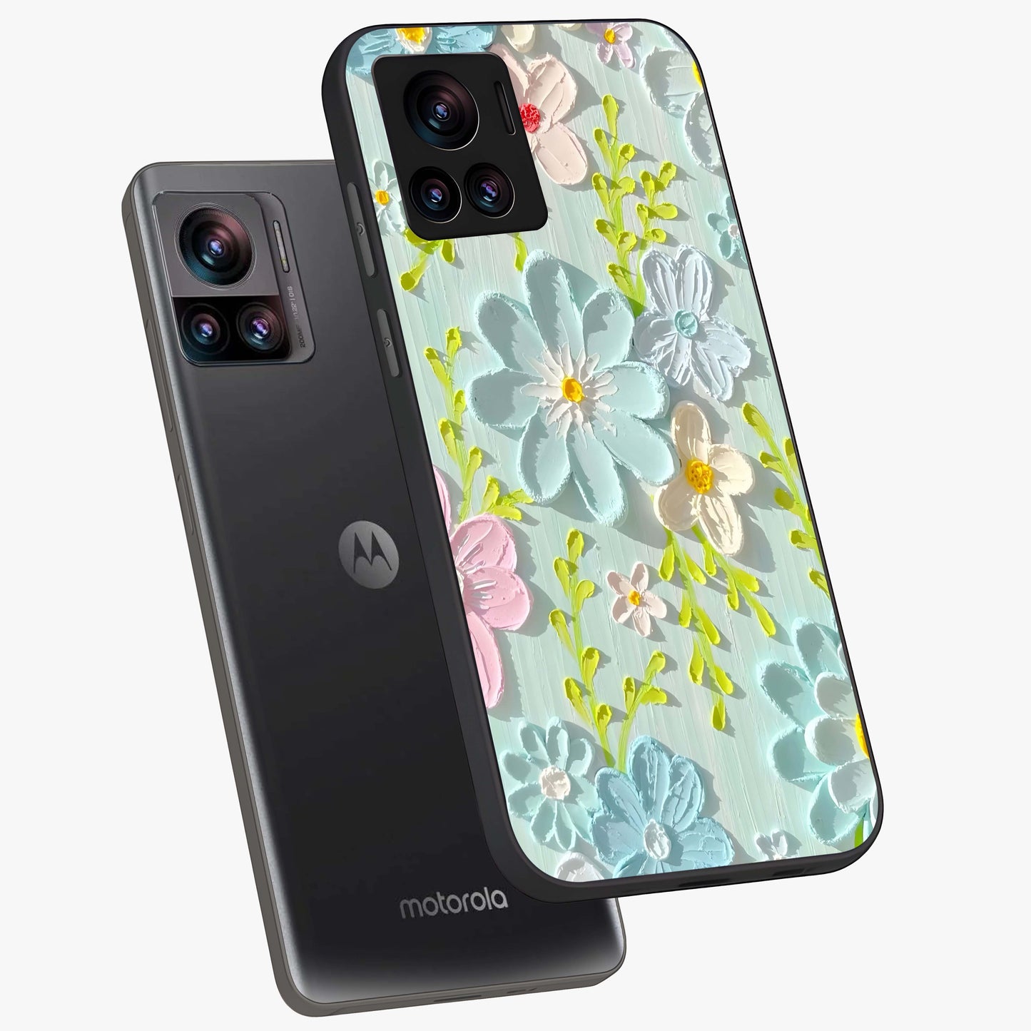 Frosted Petal Garden Glass Case displayed in angled mockup highlighting delicate flower petal design with calm garden aesthetic.