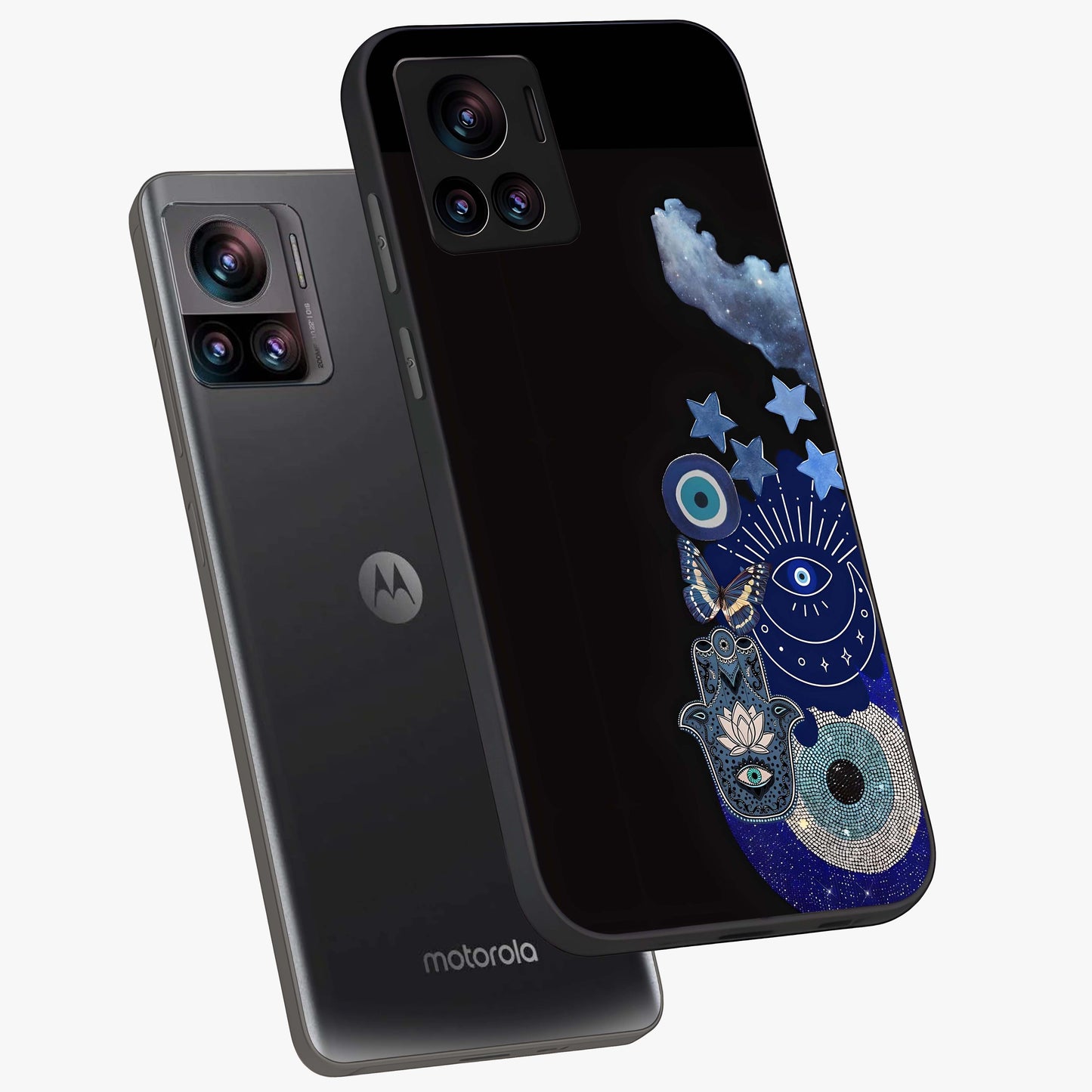 Galactic Charm Cluster Glass Case displayed in angled mockup highlighting luminous galaxy inspired design with dreamy aesthetic.
