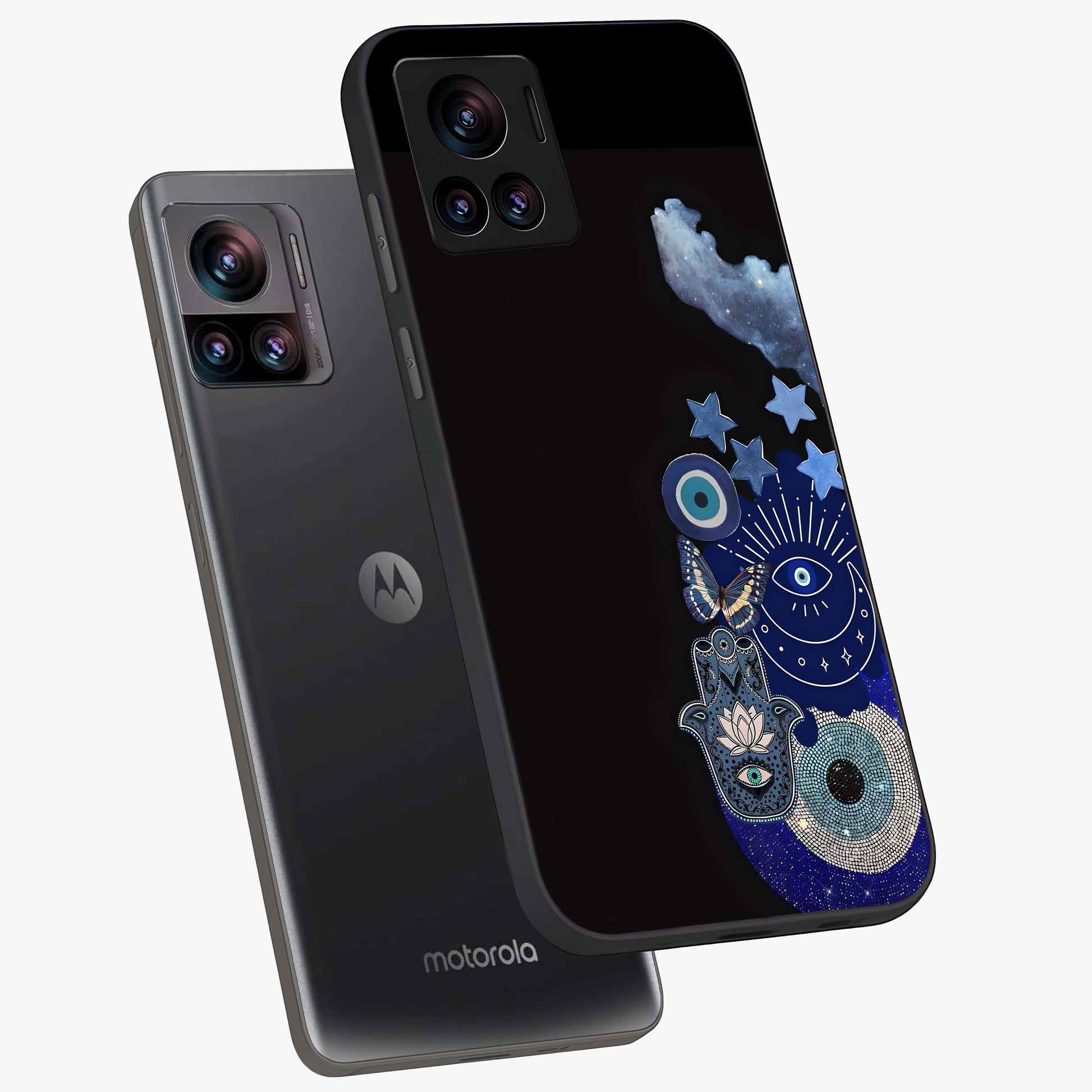 Galactic Charm Cluster Glass Case displayed in angled mockup highlighting luminous galaxy inspired design with dreamy aesthetic.