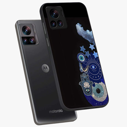 Galactic Charm Cluster Glass Case displayed in angled mockup highlighting luminous galaxy inspired design with dreamy aesthetic.