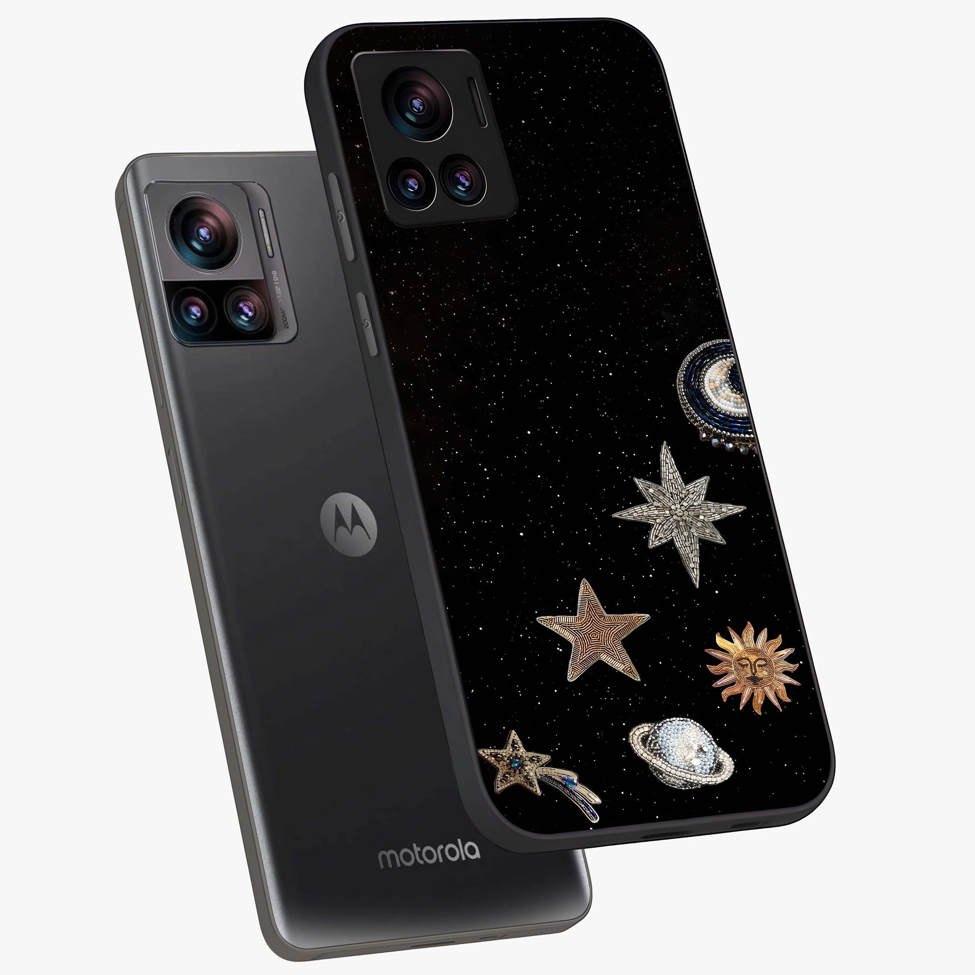 Galactic Charm Glow Glass Case displayed in angled mockup highlighting luminous galaxy inspired design with dreamy aesthetic.