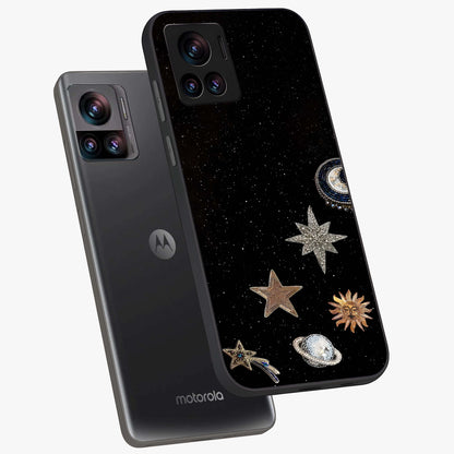 Galactic Charm Glow Glass Case displayed in angled mockup highlighting luminous galaxy inspired design with dreamy aesthetic.
