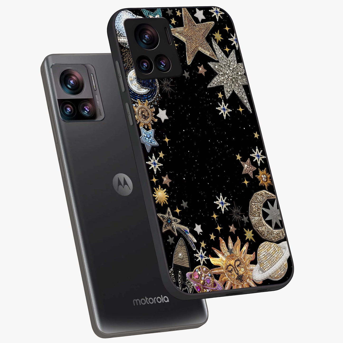 Galactic Jewel Stars Glass Case displayed in angled mockup highlighting shining celestial star design with cosmic aesthetic style.