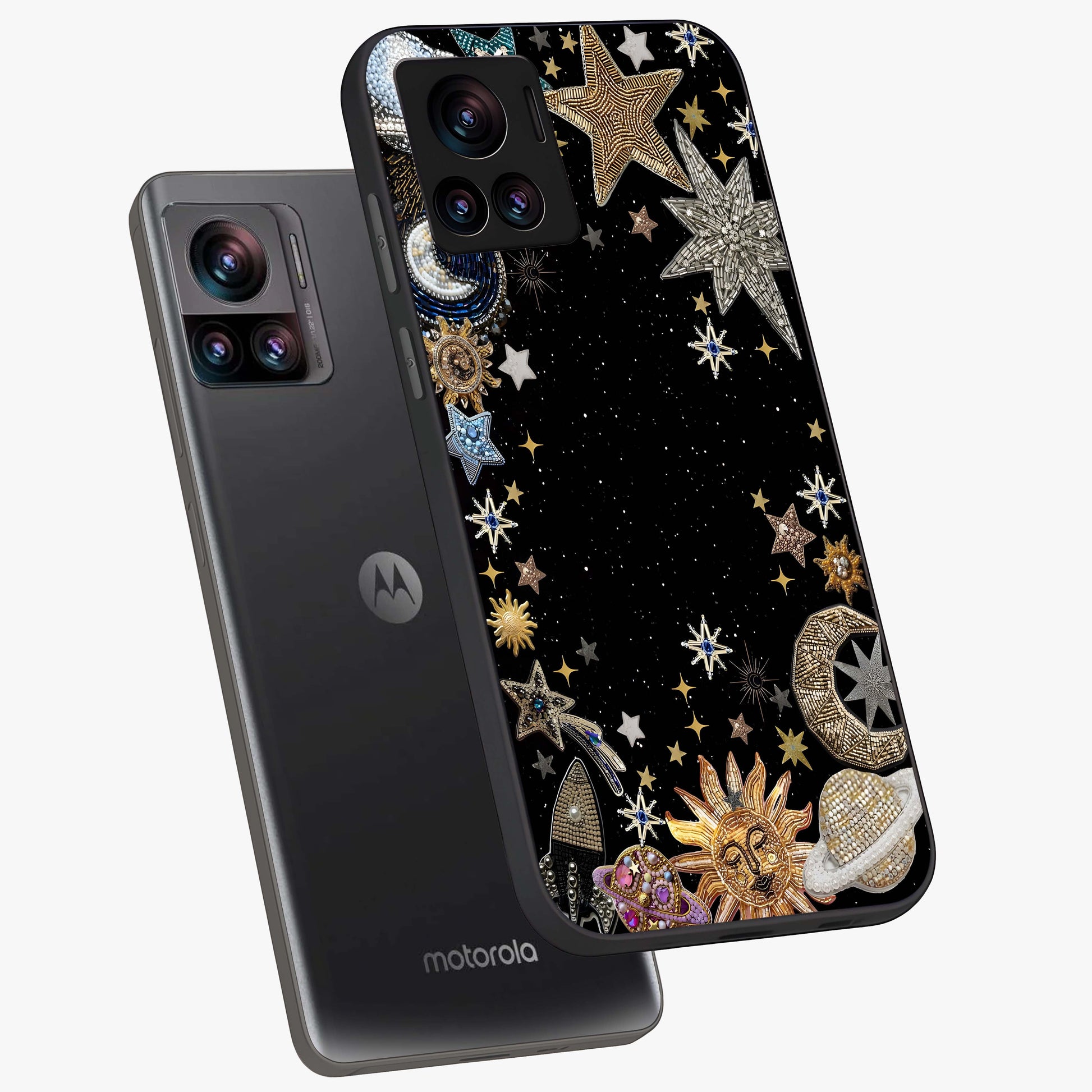 Galactic Jewel Stars Glass Case displayed in angled mockup highlighting shining celestial star design with cosmic aesthetic style.