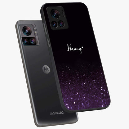 Glittery Purple Bokeh Custom Name Glass Case displayed in angled mockup highlighting glitter bokeh pattern with custom name feature.