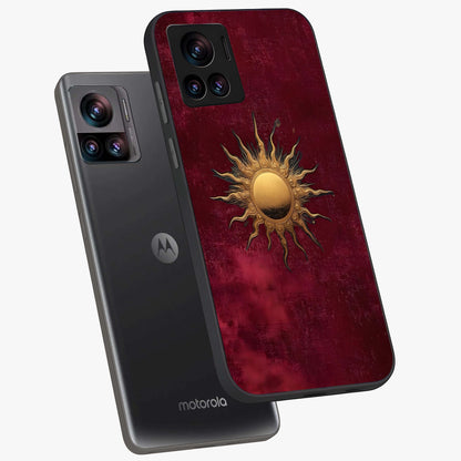 Golden Sun Minimalism Glass Case displayed in angled mockup highlighting clean sun symbol design with modern minimal aesthetic.