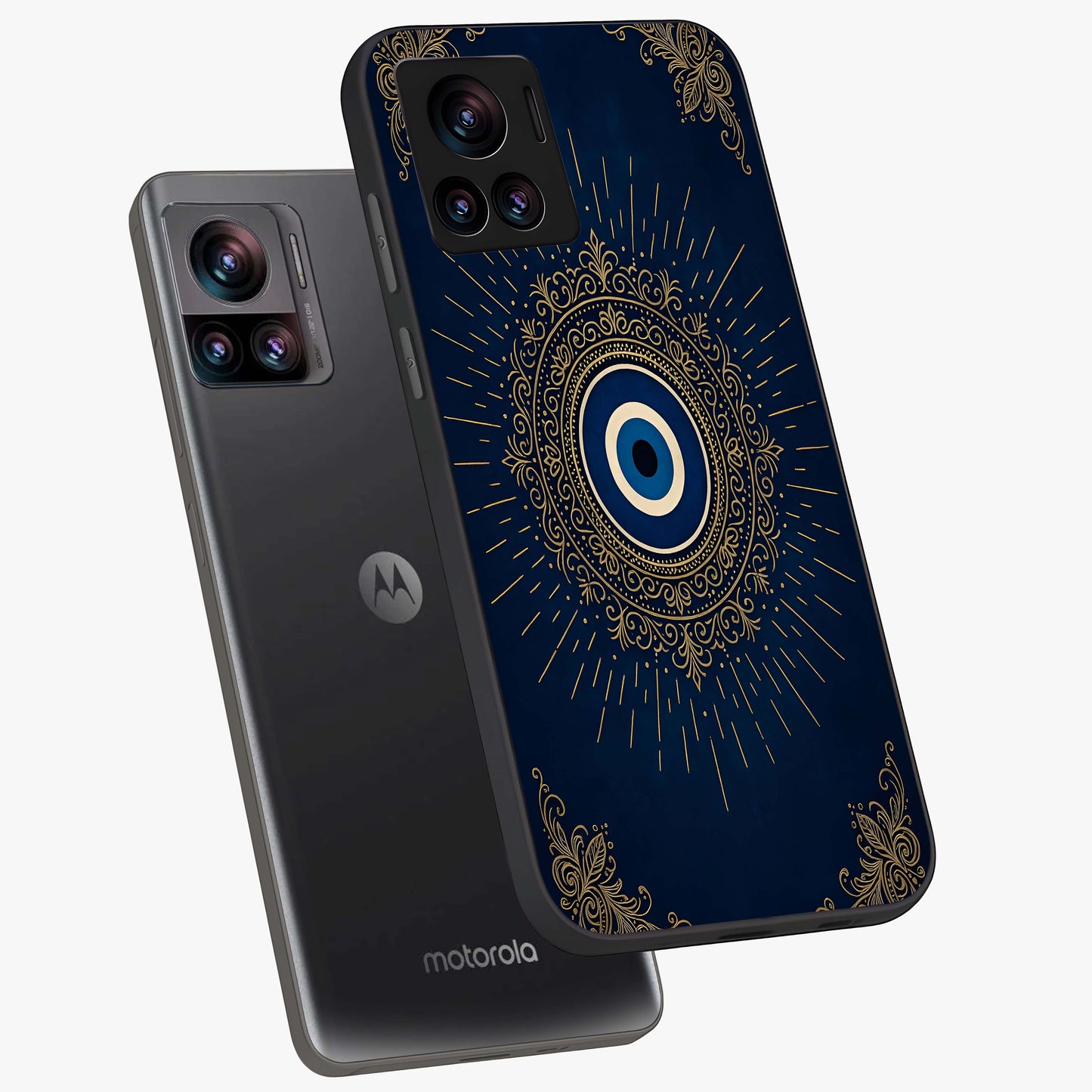 Golden Celestial Charm Glass Case displayed in angled mockup highlighting sparkling cosmic charm design with celestial aesthetic.