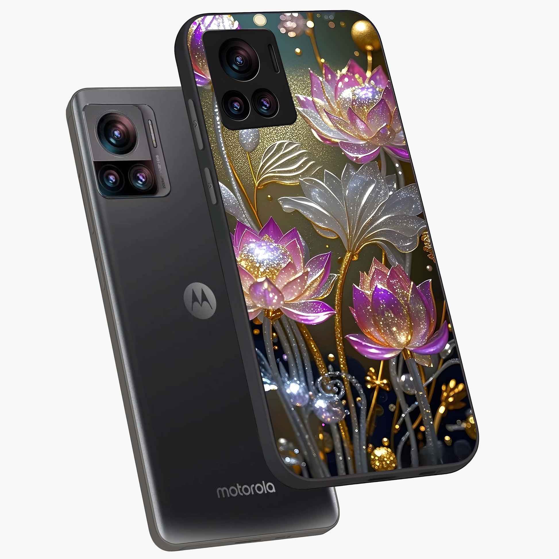 Golden Floral Majesty Glass Case displayed in angled mockup highlighting elegant flower design with royal golden aesthetic.
