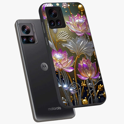 Golden Floral Majesty Glass Case displayed in angled mockup highlighting elegant flower design with royal golden aesthetic.