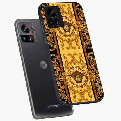 Golden Lotus Glow Glass Case displayed in angled mockup highlighting radiant lotus illustration with spiritual aesthetic.
