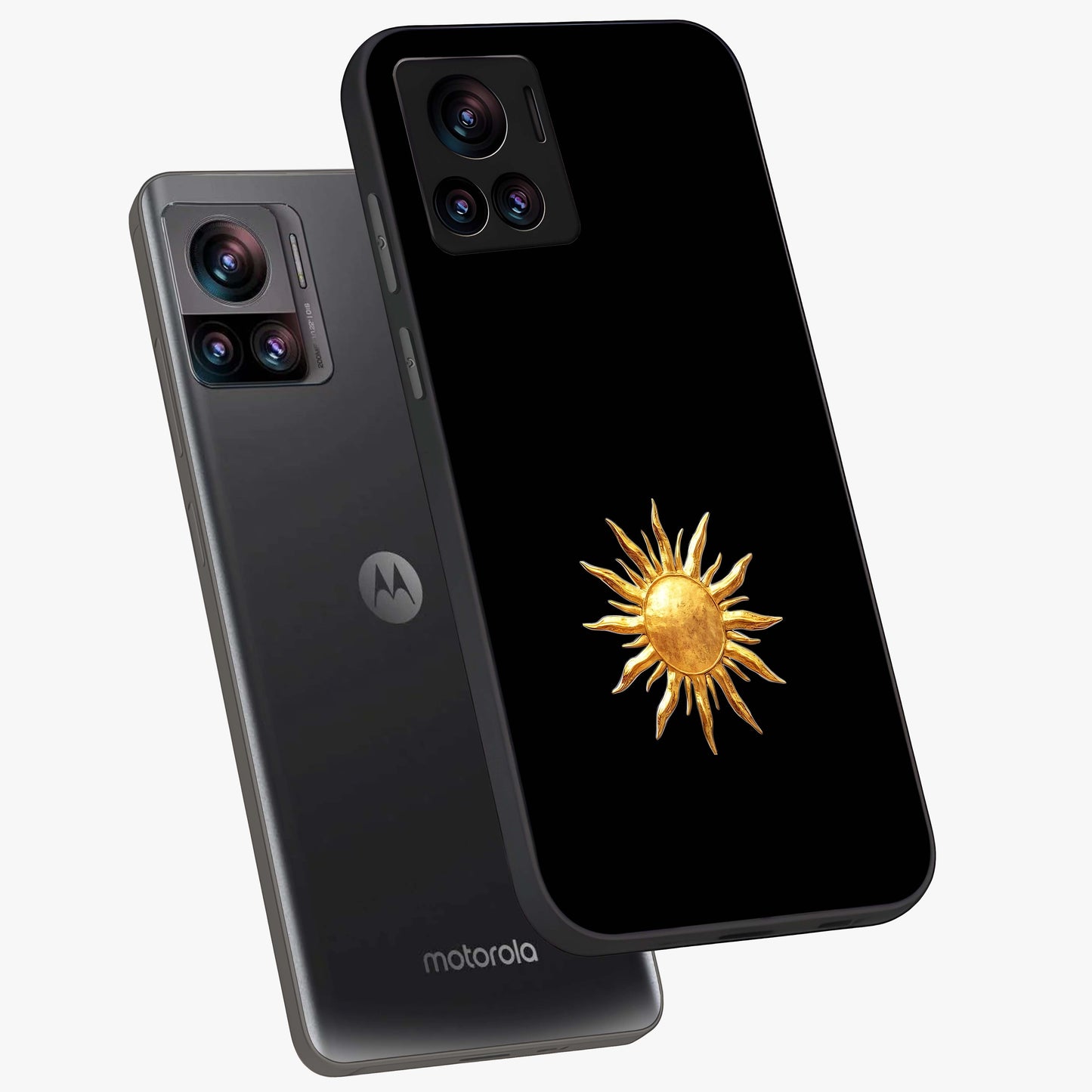 Golden Sun Minimalism Glass Case displayed in angled mockup highlighting eerie shadow illustration with gothic aesthetic.