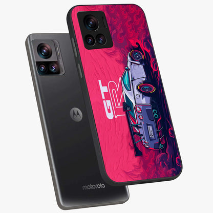 GT-R Car Pattern Glass Case displayed in angled mockup highlighting racing car graphic design with bold automotive aesthetic.