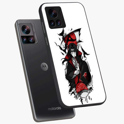 Itachi Limited Edition Naruto Anime Glass Case displayed in angled mockup highlighting dramatic anime illustration with bold action aesthetic.
