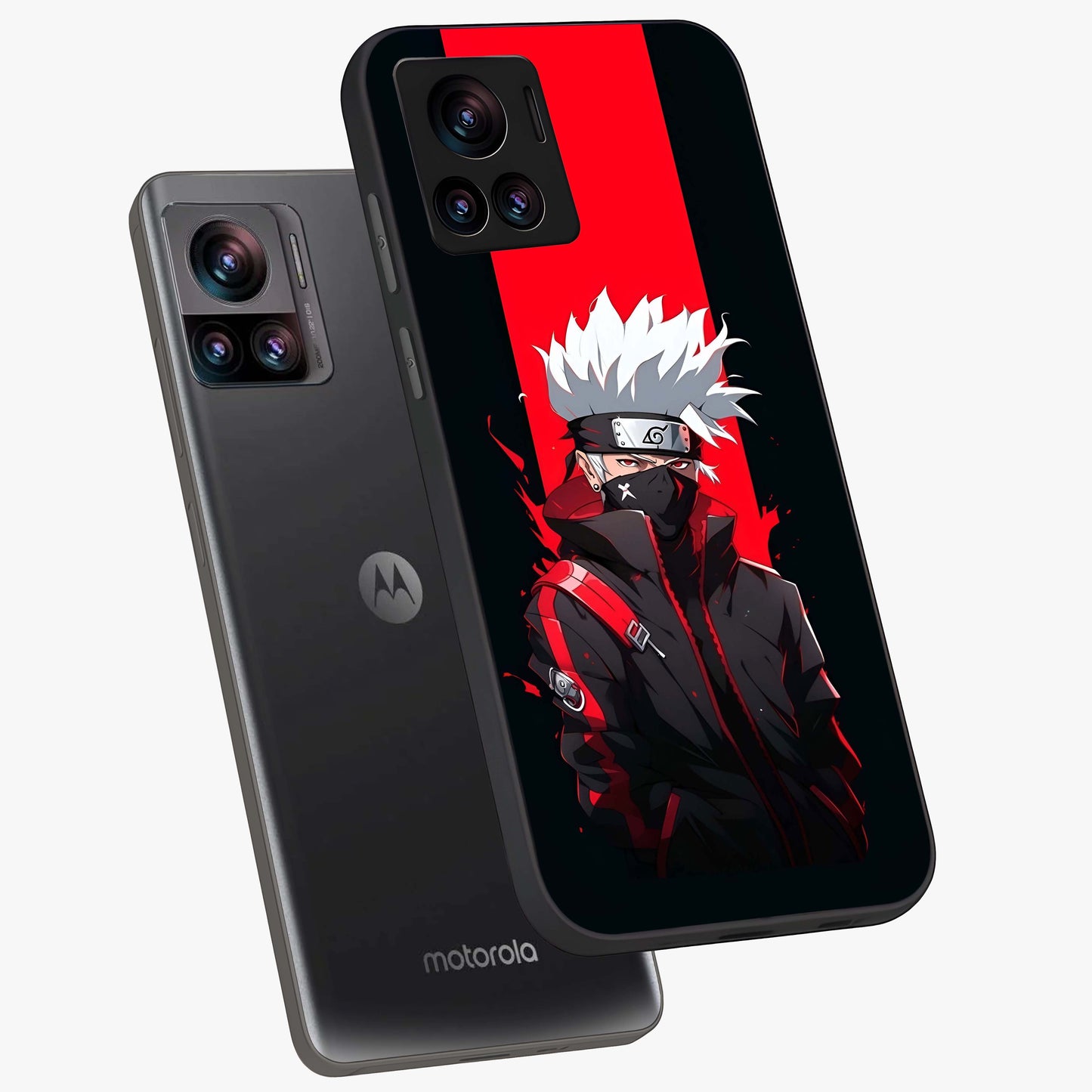 Kakashi Scarlet Shadow Glass Case displayed in angled mockup highlighting dramatic ninja illustration with scarlet themed aesthetic.