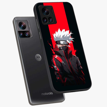 Kakashi Scarlet Shadow Glass Case displayed in angled mockup highlighting dramatic ninja illustration with scarlet themed aesthetic.
