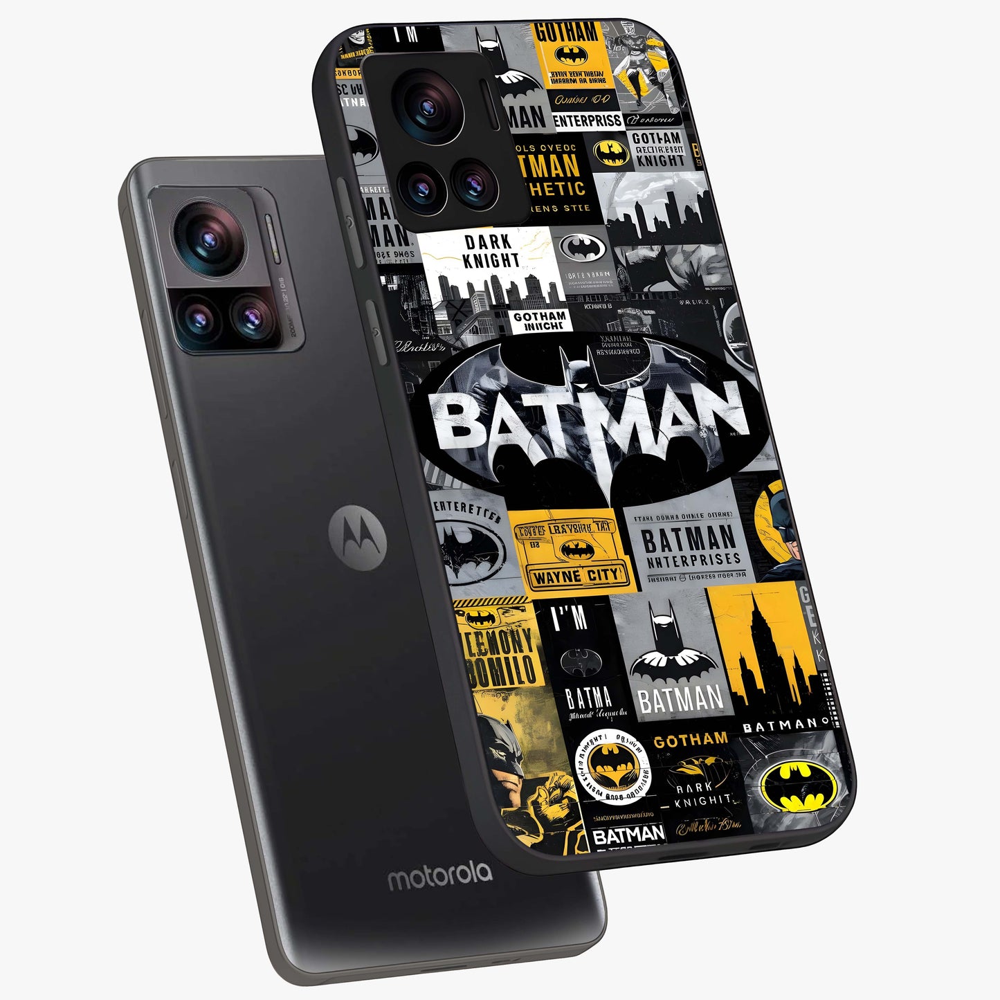 Knight Gotham Rise Glass Case displayed in angled mockup highlighting powerful knight silhouette design with dramatic aesthetic.