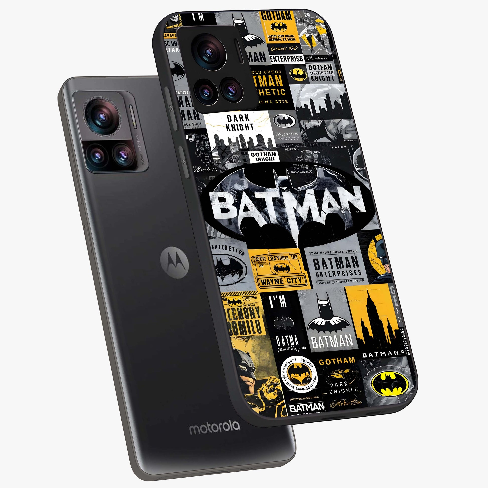 Knight Gotham Rise Glass Case displayed in angled mockup highlighting powerful knight silhouette design with dramatic aesthetic.